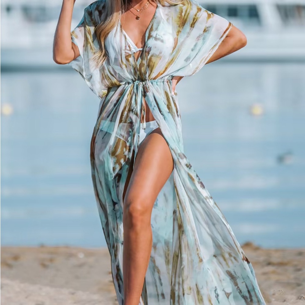 Ombré wash drawstring cover up dress